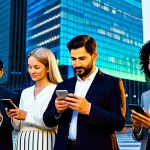 A diverse group of adult professionals, both male and female, from various global backgrounds, standing confidently in a vibrant, modern city square at dusk. They are each looking at a smartphone, engaged in digital financial activities, with subtle glowing data streams and network lines emanating from their devices, symbolizing global connectivity and financial inclusion. The atmosphere is optimistic and forward-looking. They are fully clothed in modest, culturally appropriate attire and professional dress. The image is a high-resolution, cinematic photograph with soft studio lighting, showcasing perfect anatomy, correct proportions, natural poses, well-formed hands, and proper finger count. This is safe for work, appropriate content, and family-friendly.