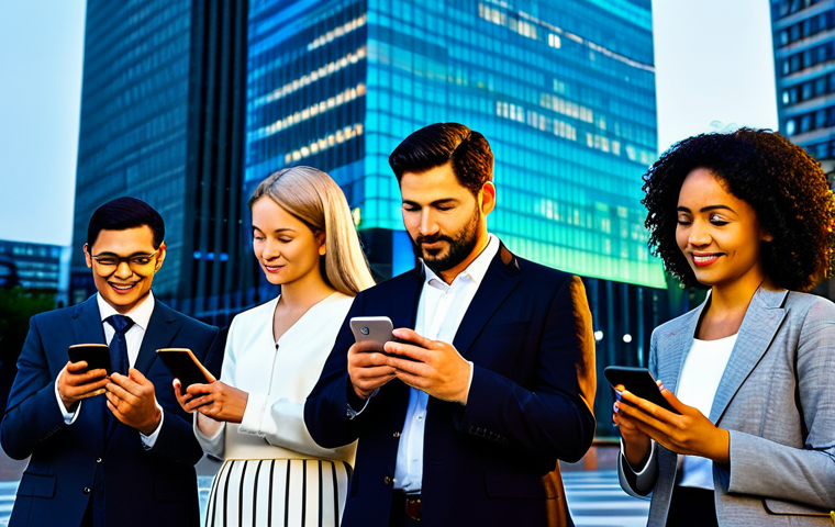 A diverse group of adult professionals, both male and female, from various global backgrounds, standing confidently in a vibrant, modern city square at dusk. They are each looking at a smartphone, engaged in digital financial activities, with subtle glowing data streams and network lines emanating from their devices, symbolizing global connectivity and financial inclusion. The atmosphere is optimistic and forward-looking. They are fully clothed in modest, culturally appropriate attire and professional dress. The image is a high-resolution, cinematic photograph with soft studio lighting, showcasing perfect anatomy, correct proportions, natural poses, well-formed hands, and proper finger count. This is safe for work, appropriate content, and family-friendly.