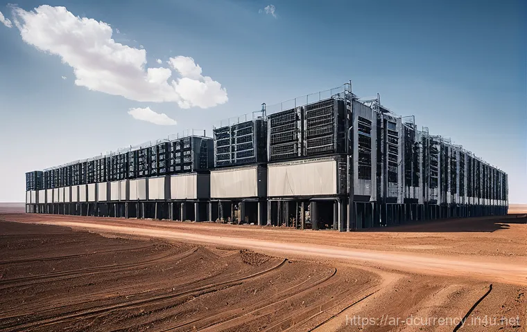 디지털화폐의 기후적 영향 분석 - **Prompt:** A vast, industrial-scale cryptocurrency mining farm in a remote, arid landscape. Rows up...