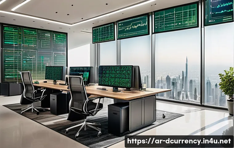 디지털화폐와 그린 파이낸스 - A futuristic financial technology workspace in a modern Middle Eastern office, featuring diverse Ara...
