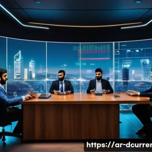 디지털화폐의 정책적 대응 방안 - A sophisticated modern office setting in a Middle Eastern cityscape at dusk, featuring a diverse tea...