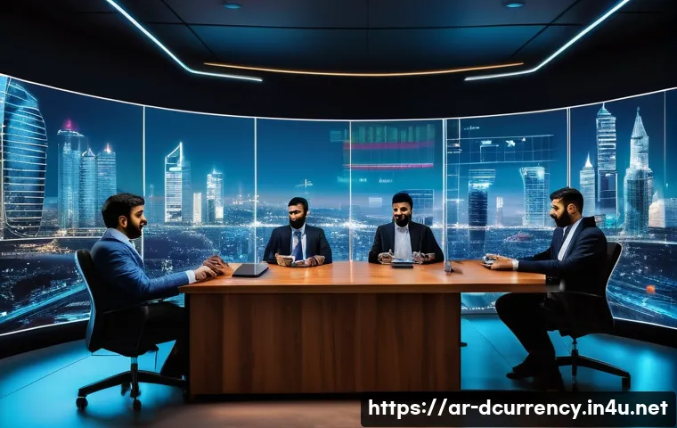 디지털화폐의 정책적 대응 방안 - A sophisticated modern office setting in a Middle Eastern cityscape at dusk, featuring a diverse tea...