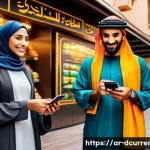 디지털화폐와 중앙은행 디지털 화폐  CBDC - A modern Middle Eastern urban scene showing diverse people using digital payment methods on their sm...