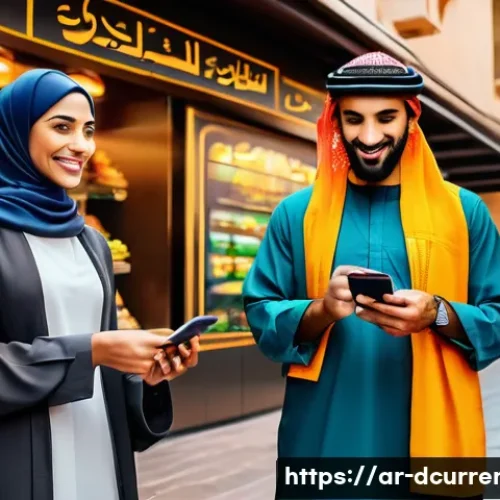디지털화폐와 중앙은행 디지털 화폐  CBDC - A modern Middle Eastern urban scene showing diverse people using digital payment methods on their sm...