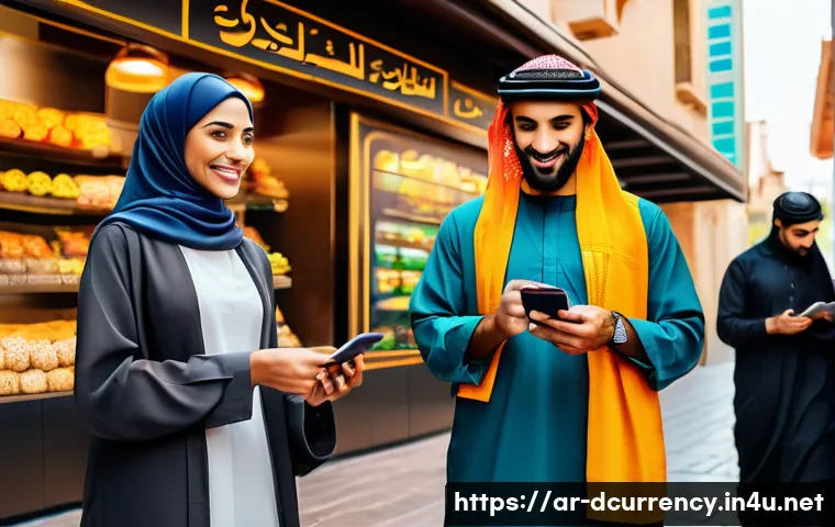 디지털화폐와 중앙은행 디지털 화폐  CBDC - A modern Middle Eastern urban scene showing diverse people using digital payment methods on their sm...