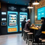 디지털화폐의 유통 과정과 시장 영향 - A modern Middle Eastern digital marketplace scene set in a stylish urban environment with Arabic sig...