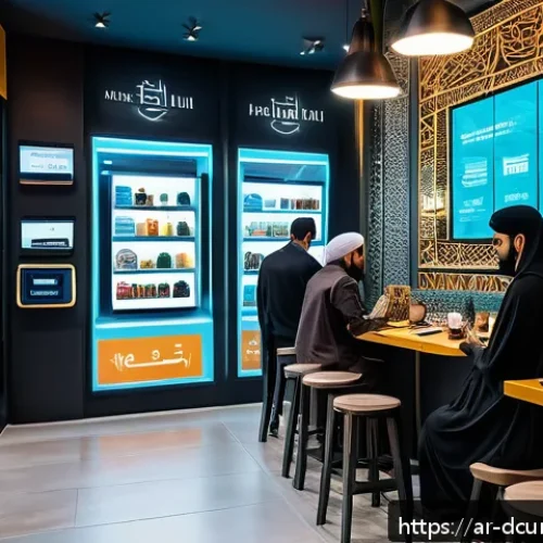 디지털화폐의 유통 과정과 시장 영향 - A modern Middle Eastern digital marketplace scene set in a stylish urban environment with Arabic sig...