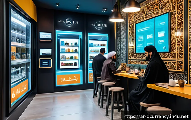 디지털화폐의 유통 과정과 시장 영향 - A modern Middle Eastern digital marketplace scene set in a stylish urban environment with Arabic sig...