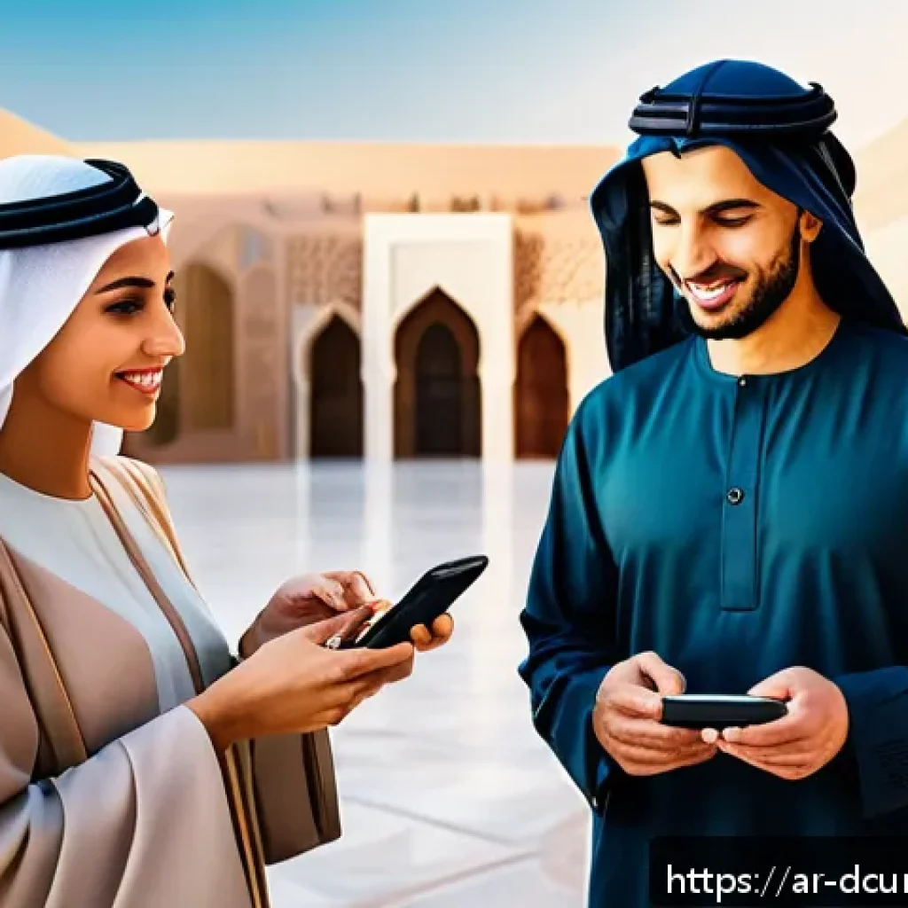 디지털화폐의 결제 시스템 발전 - A futuristic Middle Eastern digital marketplace scene at sunset, showcasing diverse Arab men and wom...