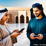 디지털화폐의 결제 시스템 발전 - A futuristic Middle Eastern digital marketplace scene at sunset, showcasing diverse Arab men and wom...