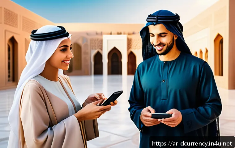디지털화폐의 결제 시스템 발전 - A futuristic Middle Eastern digital marketplace scene at sunset, showcasing diverse Arab men and wom...