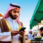 디지털화폐의 전통 금융과의 융합 - A modern Middle Eastern urban scene depicting a young Arab man using a smartphone to make a digital ...