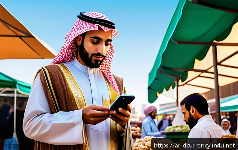디지털화폐의 전통 금융과의 융합 - A modern Middle Eastern urban scene depicting a young Arab man using a smartphone to make a digital ...
