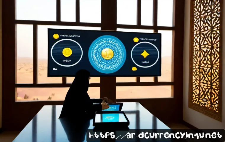 Home 17 디지털화폐와 비트코인 차이점 - Photorealistic financial comparison scene in a modern Arab home office, a Middle Eastern professiona...