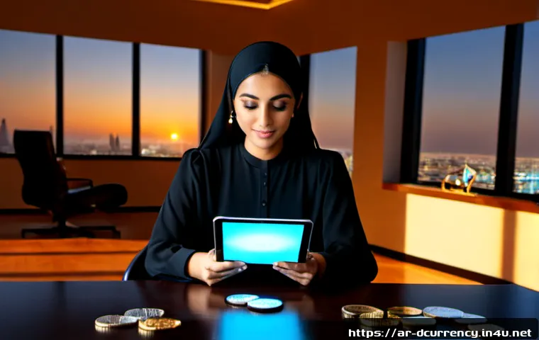 디지털화폐의 대체불가토큰 NFT 과의 관계 - Photorealistic modern fintech workspace in Dubai, an Arab businesswoman in elegant modest attire stu...