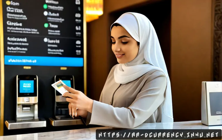 디지털화폐와 블록체인 기반 결제 시스템 - Photorealistic modern payment scene in a refined Middle Eastern café, an Arab woman wearing elegant ...