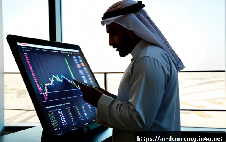디지털화폐의 가격 흐름 분석 - Photorealistic Gulf Arab financial analyst in a modern Dubai-style office, studying a large tablet d...