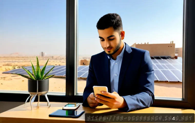 Home 15 디지털화폐의 환경적 영향 - Photorealistic comparison scene in a modern Middle Eastern home office: a young Arab professional in...
