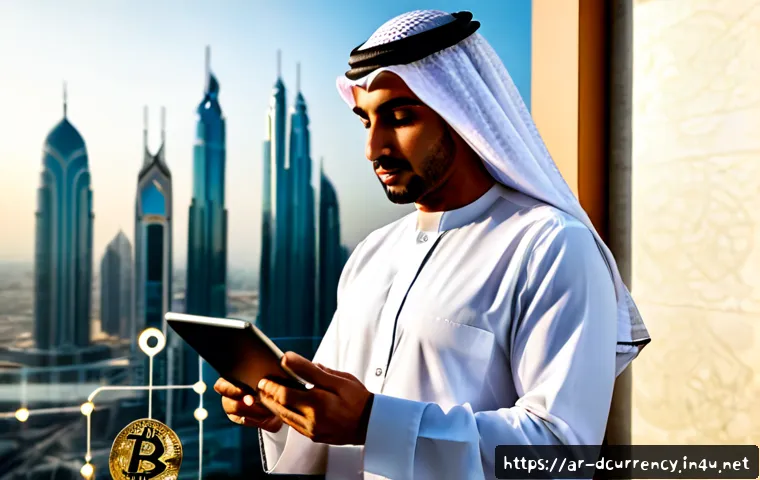 디지털화폐와 블록체인의 결합 - Photorealistic modern Gulf Arab financial professional in modest business attire reviewing a secure ...