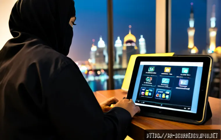 디지털화폐의 보안 위협 - Photorealistic cybersecurity scene in a modern Gulf Arab office, an Arab financial analyst in modest...